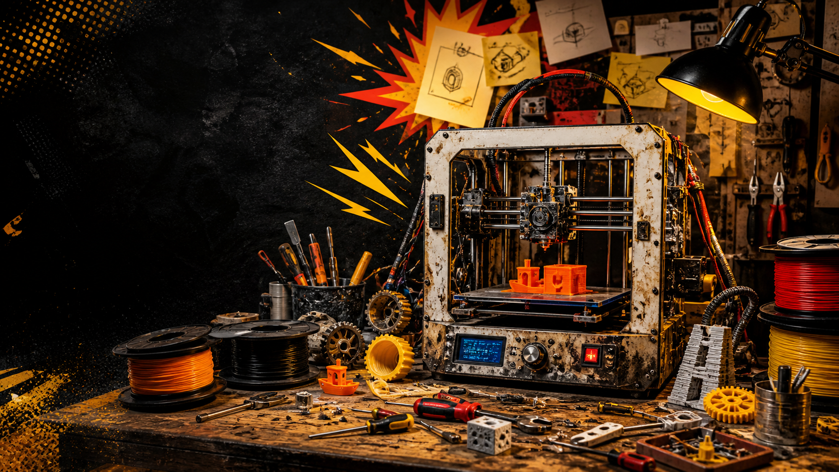 Vieille imprimante 3D en reparation sur un etabli